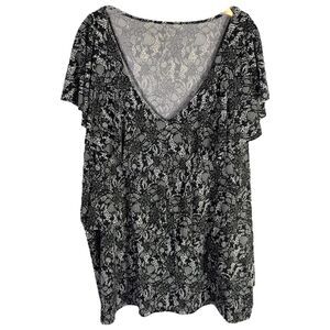 Cato Plus Size 26 28 Top Black Ruffled Flutter Sleeve Faux Lace Print Knit‎ 632